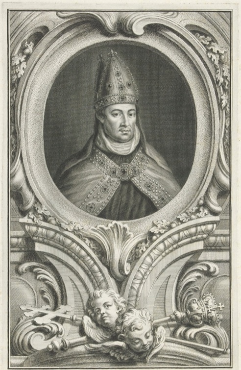 Engraved portrait of William of Wykeham in a bishop's mitre, inside an ornamental oval frame