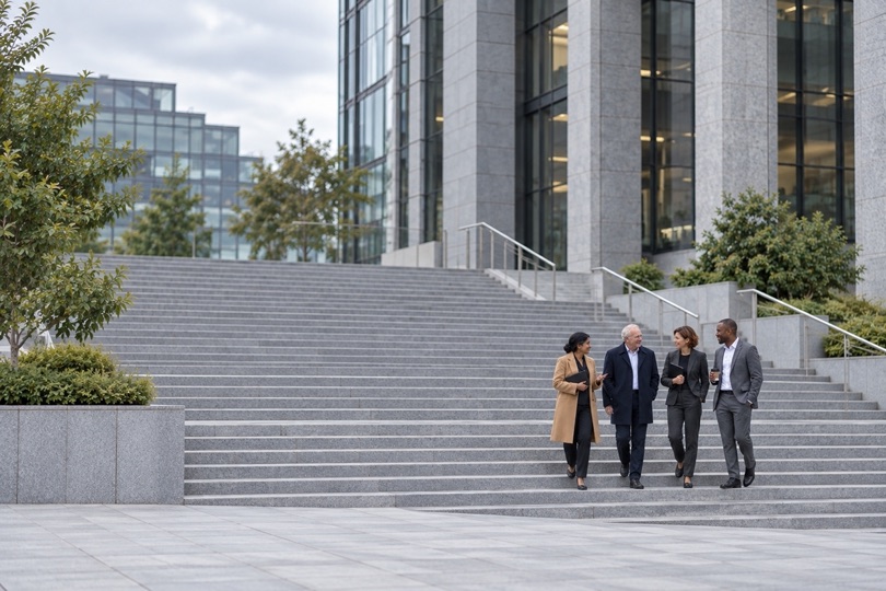 Four colleagues walking down the steps outside an office