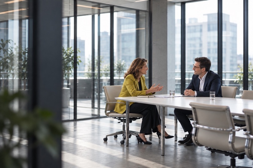 Two colleagues in conversation at a meeting table