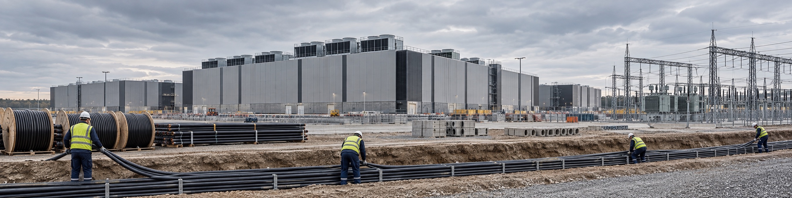 Crews laying power cable beside a data center campus and high-voltage substation