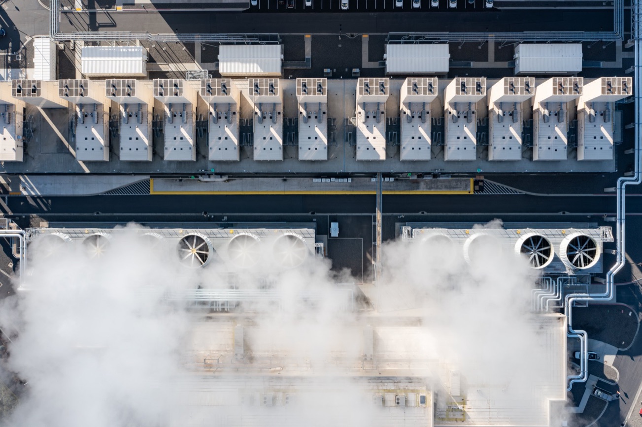 Aerial view of data center generators and cooling towers