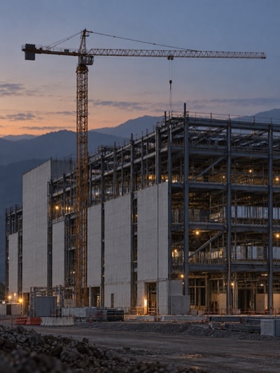 Tower crane over a data center under construction at dusk