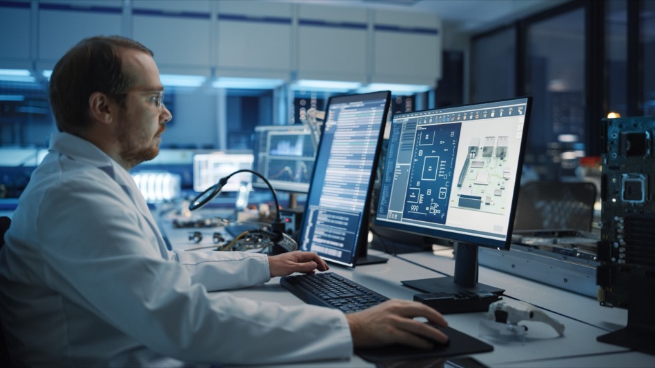 Engineer at a workstation in low blue light