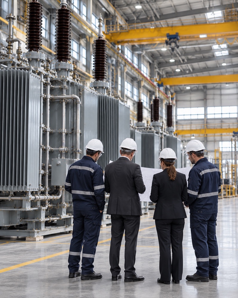 Engineers and advisers reviewing drawings beside transformer units on a factory floor