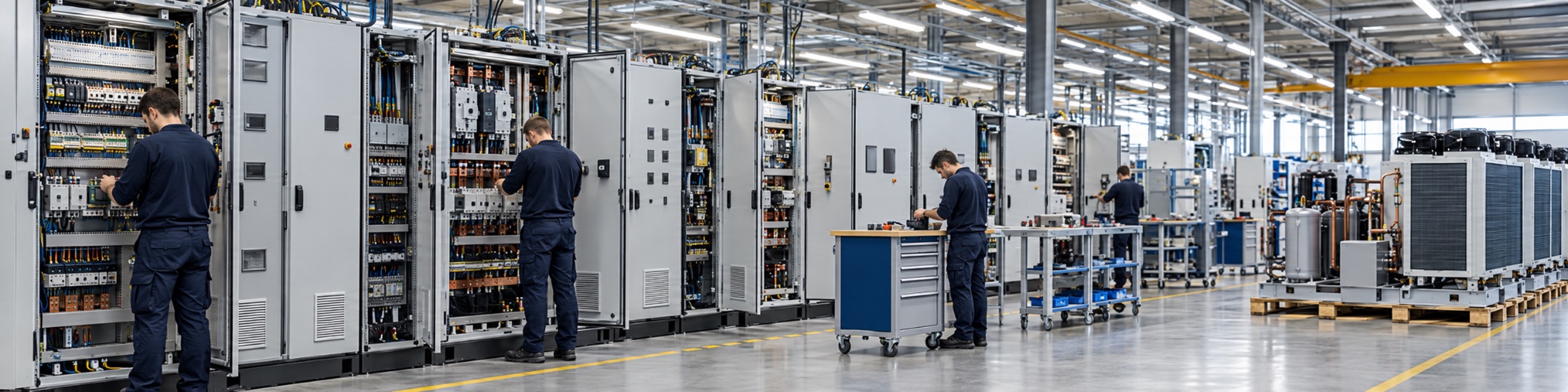 Technicians working along a line of open electrical control cabinets in an assembly hall