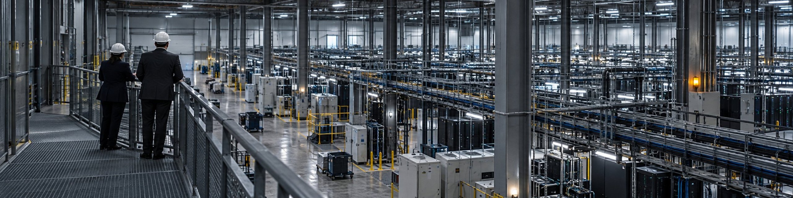 Two advisers on a gantry overlooking a data hall