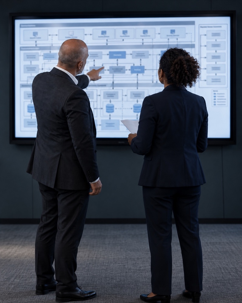 Two advisers reviewing a system architecture diagram on a wall screen