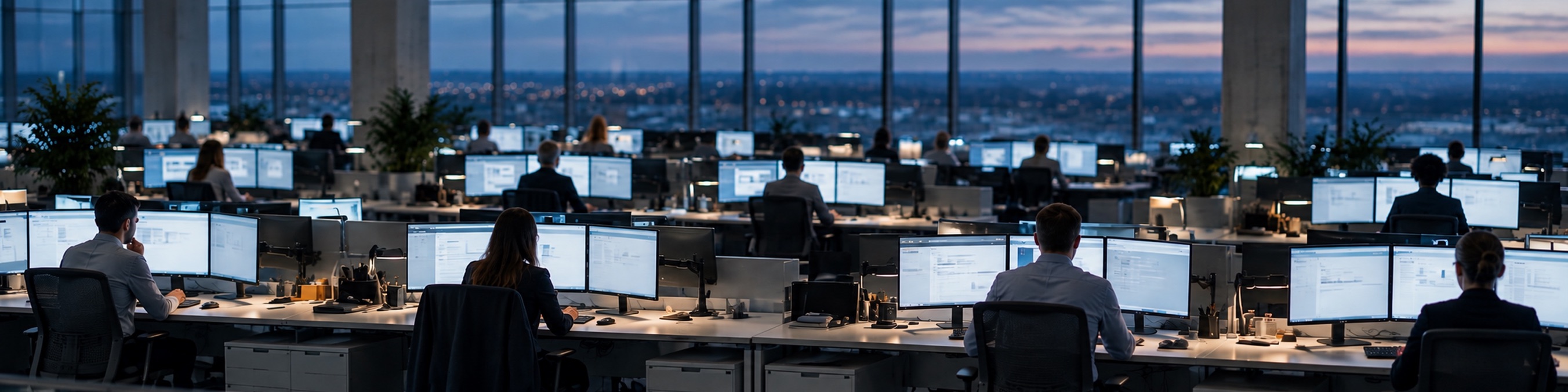 An open-plan floor of workstations at dusk, screens lit along every row