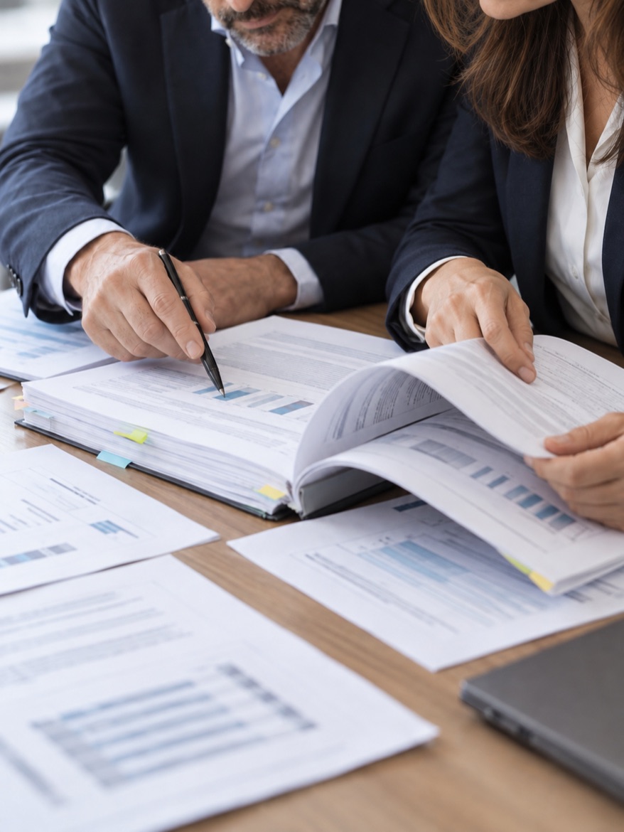 Two advisers reading a bound report of charts across a desk of printed workings