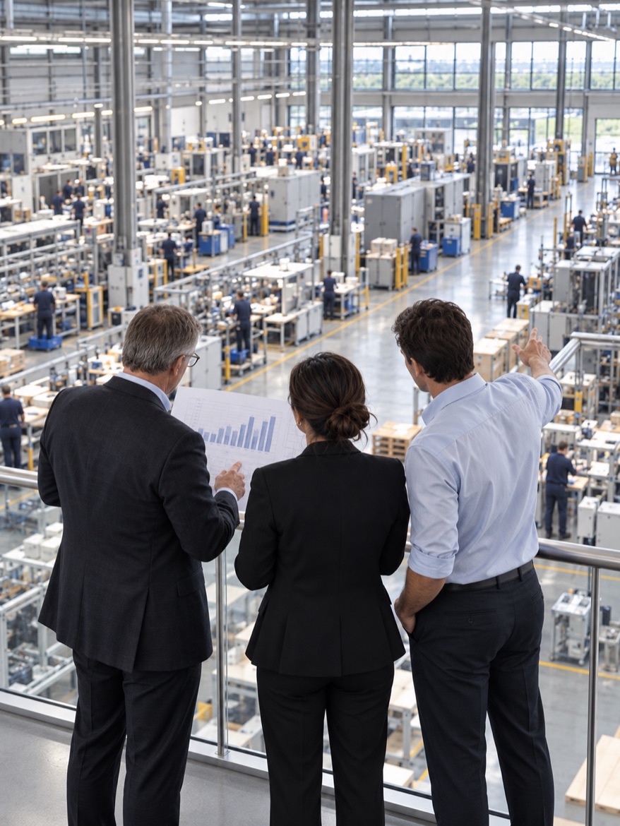 Three advisers reviewing a chart on a gallery overlooking a production floor
