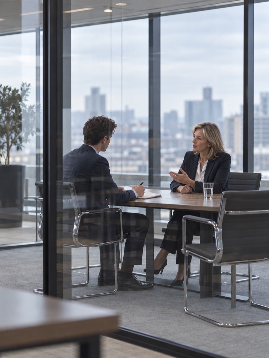 Two people talking across a small table in a glass meeting room above a city skyline